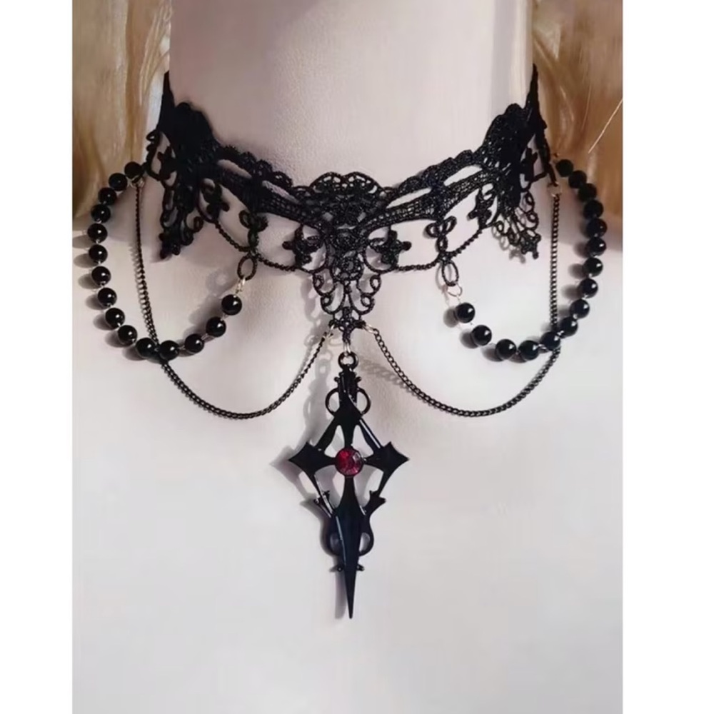 Uniquely Designed Gothic Lace Choker Necklace w/ Cross Pendant & Beaded Chains